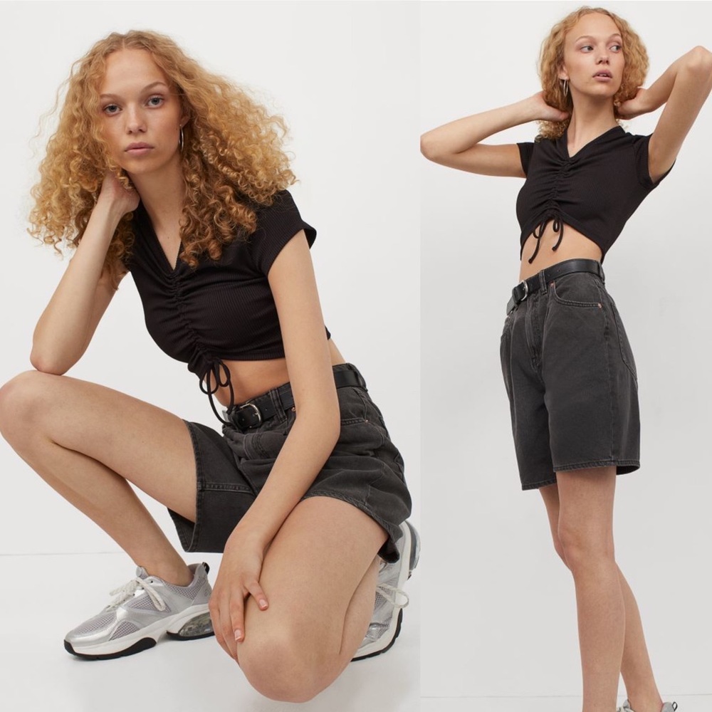 🆕 NWT! H&M Ribbed Drawstring Crop Top - Black (Small)